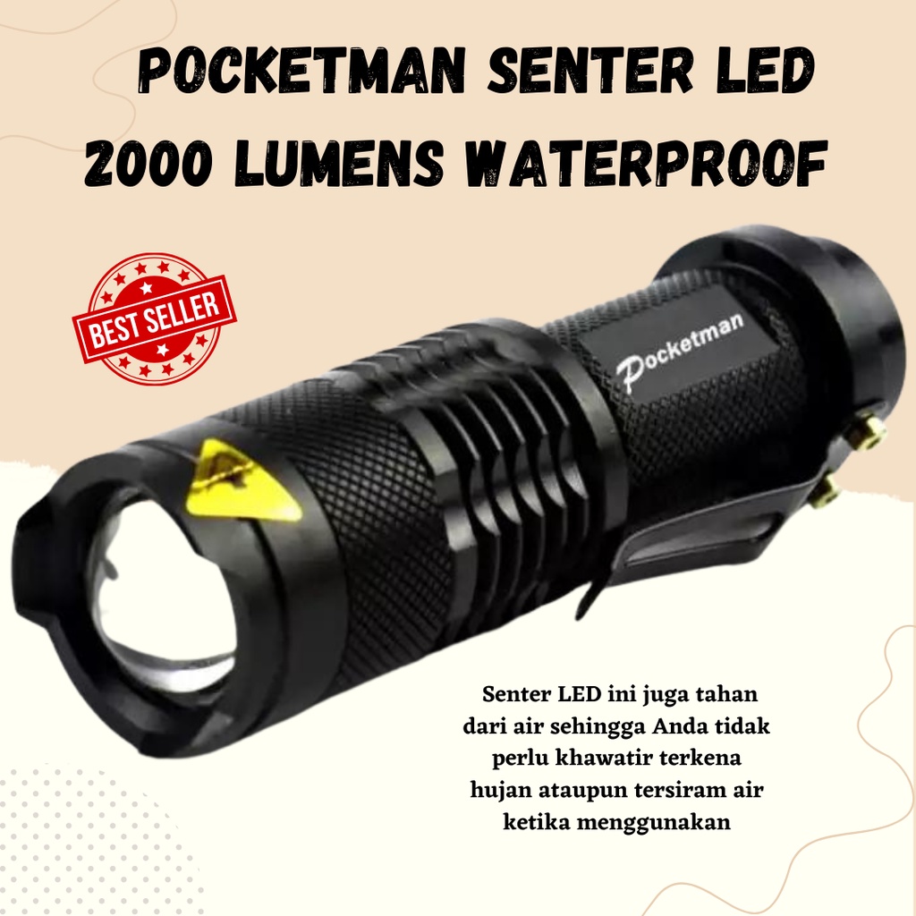 [BISA COD] Pocketman Senter LED 2000 Lumens Waterproof-Hitam