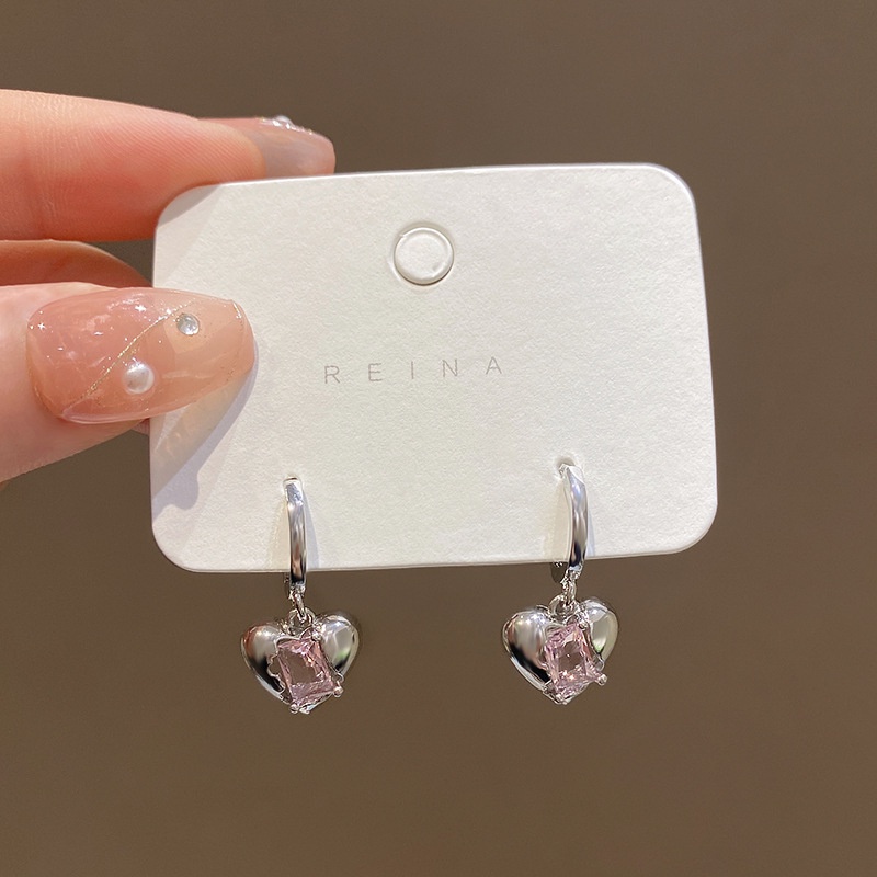 Anting Hoop Silver 2k Bentuk Hati Hias Batu Permata Pink Untuk Wanita