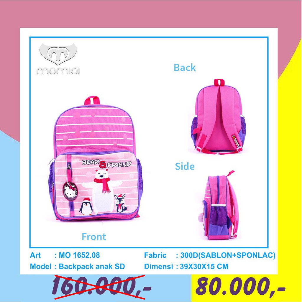 Tas Ransel Anak Bear Warna Pink Rose|Momigi Backpack Ukuran SD