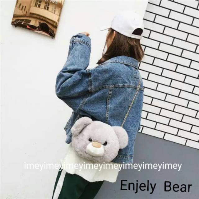 Tas Bulu Motif Boneka ENJELY BEAR Selempang Rante