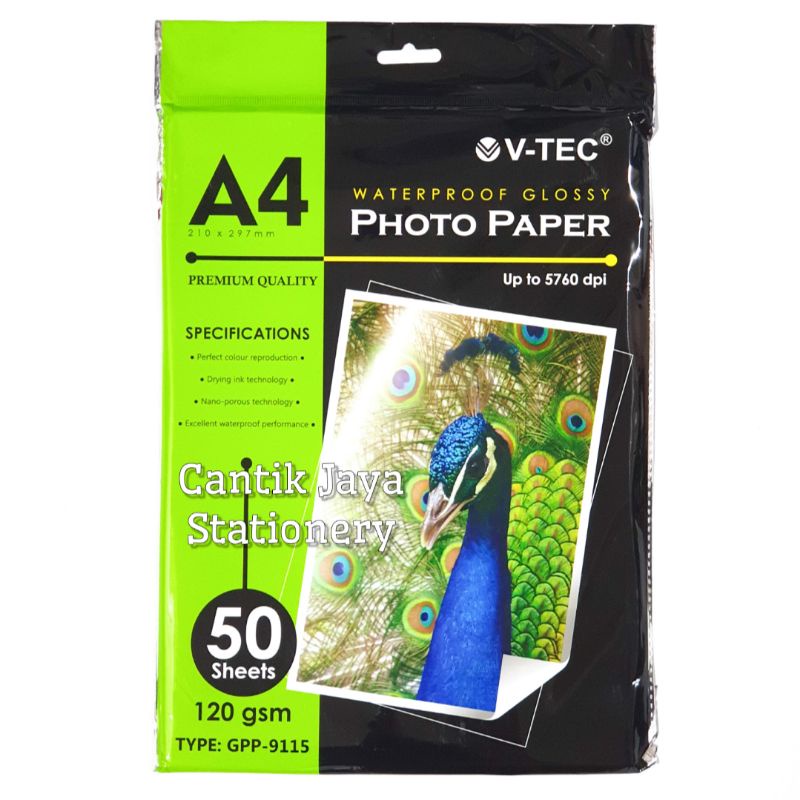 

Kertas Foto V-TEC Photo Paper Glossy A4 210x297mm 120gsm 50's per Pak