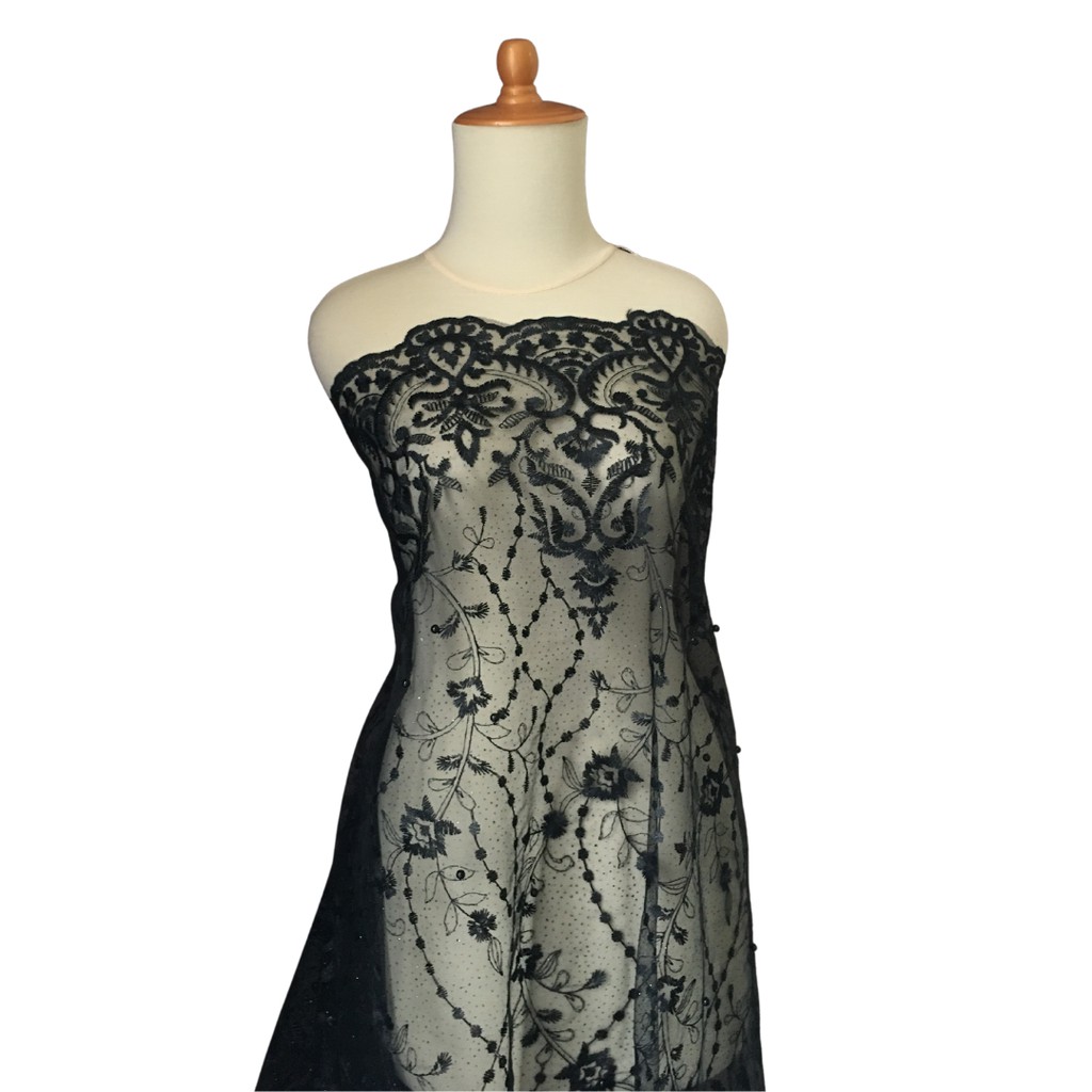 Bahan Dasar Kain Brokat Tile Bordir Mutiara Rosemary Warna Hitam Black