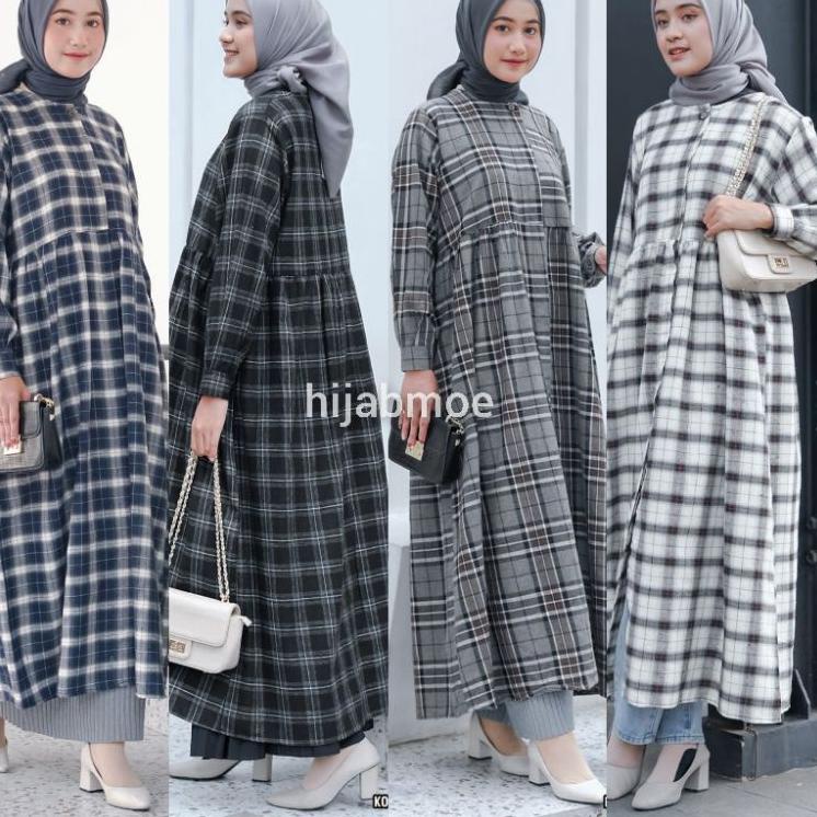 Vente Daily Dista Tunik #17 / Atasan Wanita Long Tunik Flanel Jumbo Motif Kotak LD 114 Panjang 125 F