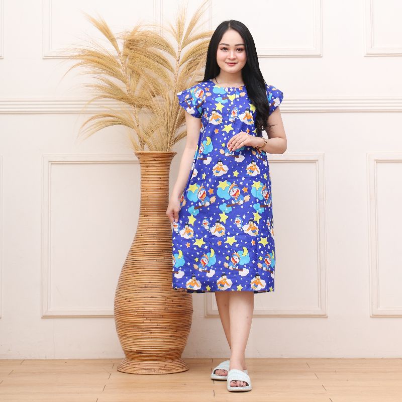 Daster Batik Lengan pendek - Motif Acak / Campur - Leher Kancing /Batik karakter busui-Dora nobita biru