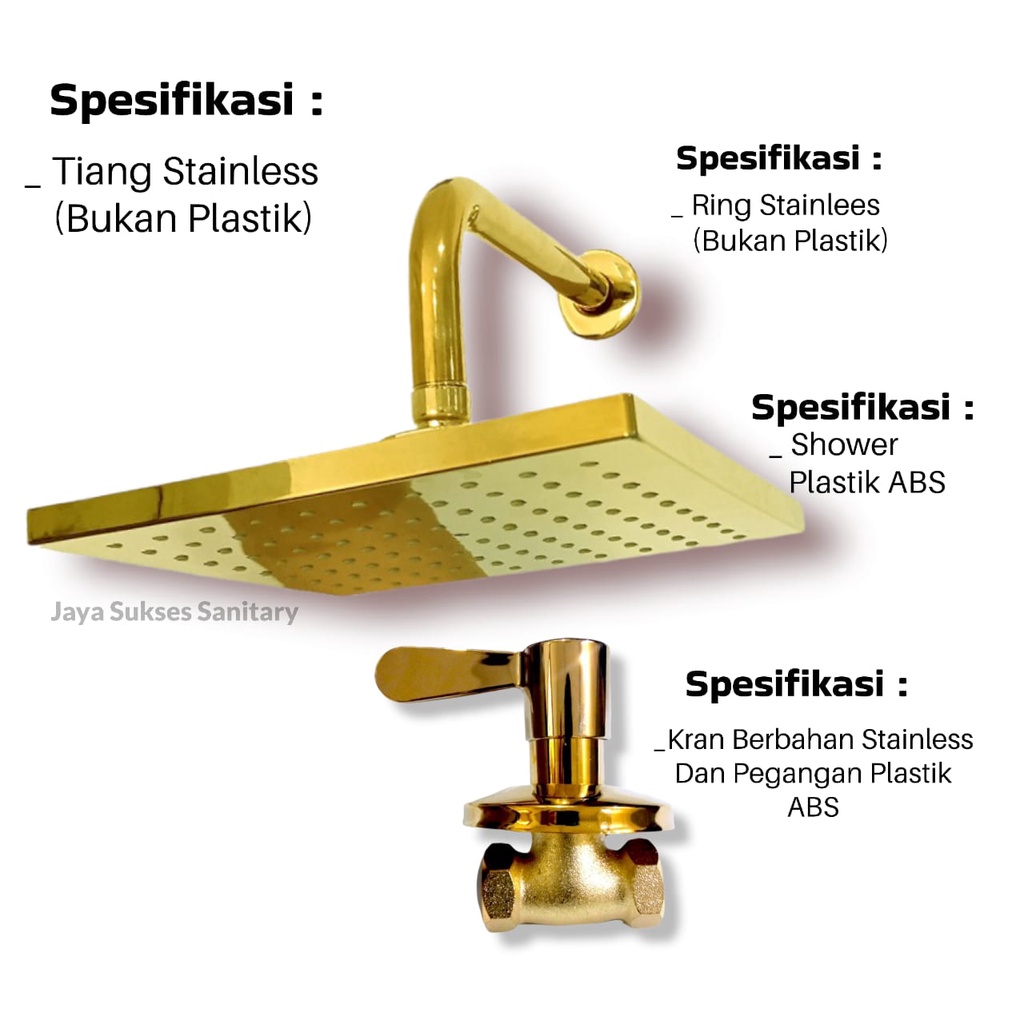 Wall Shower Tanam Tembok Kotak 8 inch - Wall Shower Kamar Mandi Gold | Sepaket Shower | Shower Tanam