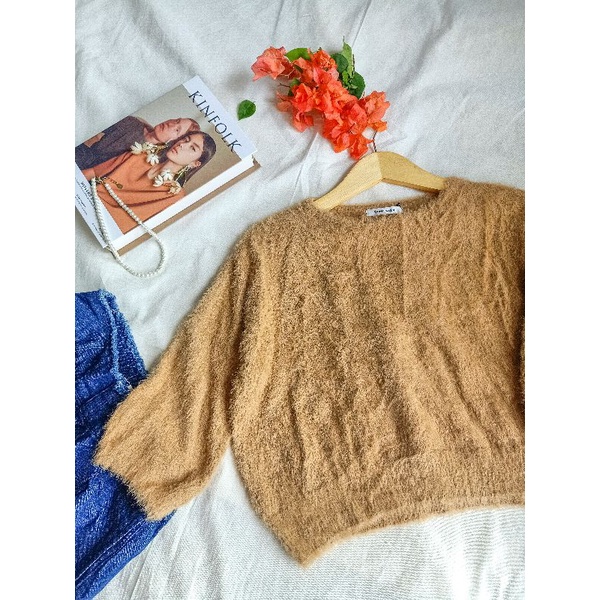 Caramel Crop Fuzzy Sweater