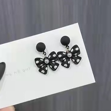 (Hello Girl)E05 Anting Wanita Model Tusuk Motif Pita Gaya Korea Import-E05 Pita White Dot