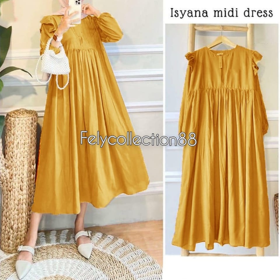 Isyana Midi Dress / Gamis Wanita Terbaru / Kekinian / Casual Dress Murah / Fashion Muslim