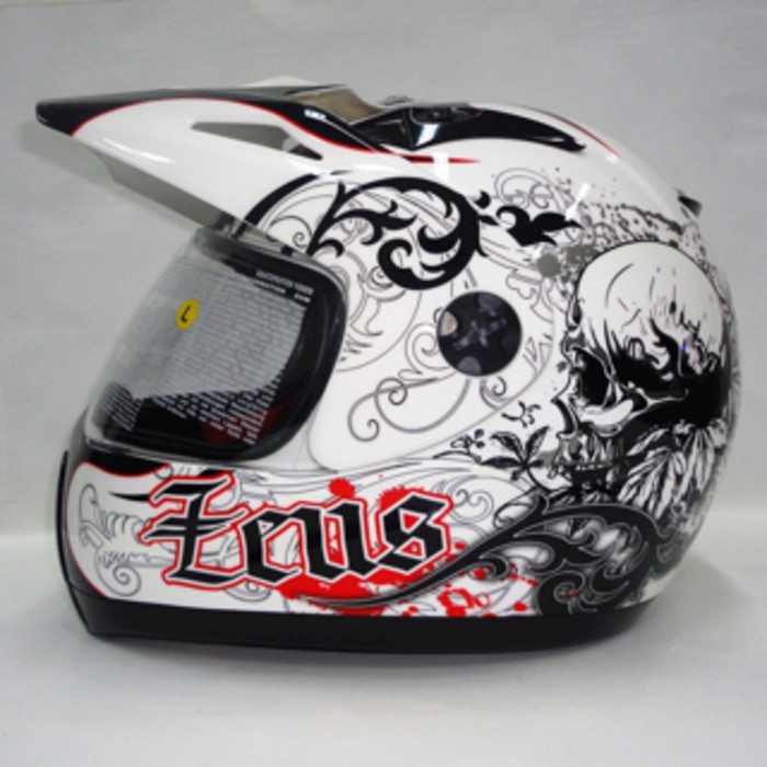 Zeus helm cross Supermoto Skull motif White putih merah