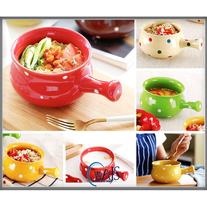 Mangkok Keramik Unik POLKADOT DENGAN PEGANGAN mangkuk sup mie kuah