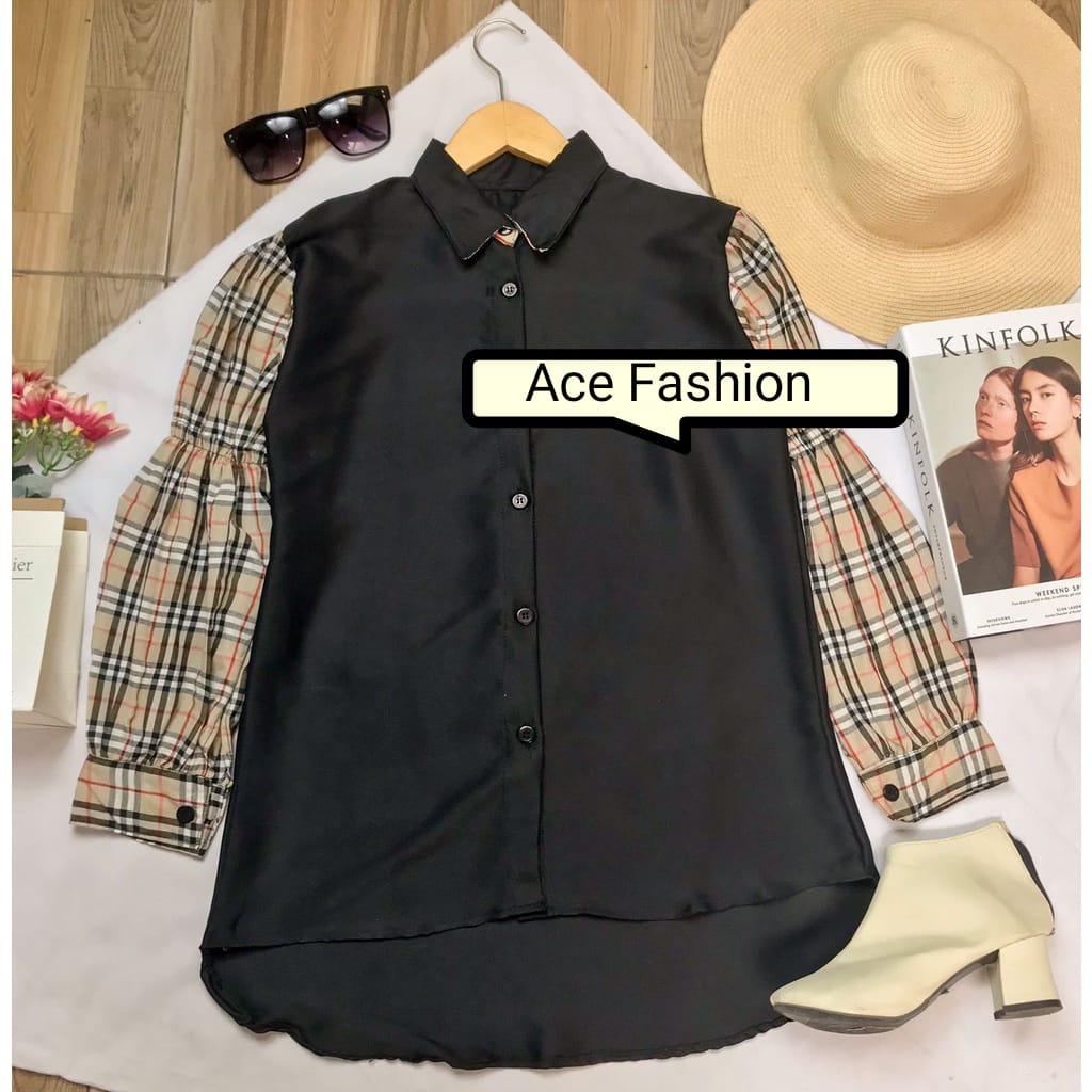 BEFAST - ZEC OOTD Wanita Blouse ECHA / Lia Combi Tartan / Blouse Combi Motif / Atasan Lengan Panjang / Blouse Combinasi / Blouse Casual Wanita / Blouse Kerja / Blouse Kekinain 2022 / Blouse Remaja Terbaru