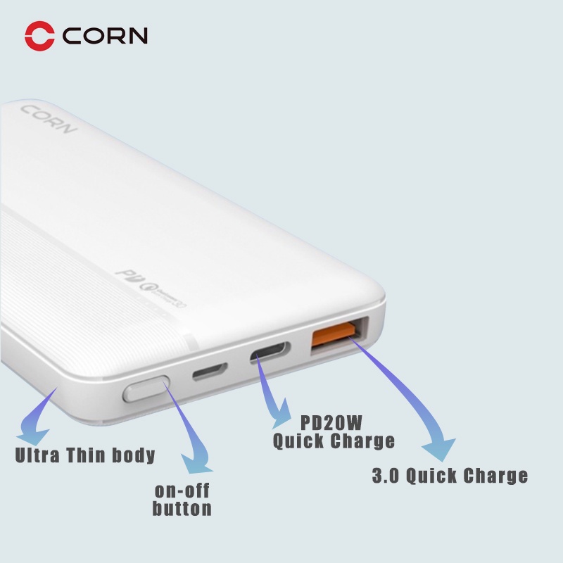 CORN DW019 Bank Daya 20W 10000mAh Powerbank Pengisian Cepat Ultra Tipis Ultrathin Body Dual Input Port Type C &amp; Micro USB Quick Charge 3.0 Fast Charging Real Capacity -Garansi Resmi 1 Tahun