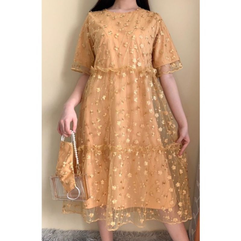 DRESS NATAL BRUKAT PESTA WANITA GOLD MEWAH