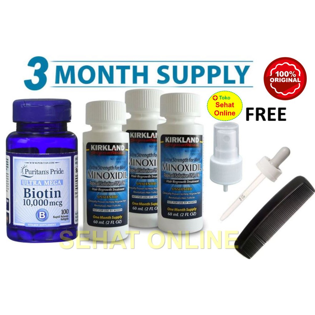 Paket 3 bulan Kirkland Minoxidil 60 ml + Puritan Biotin 10000 mcg 100 Softgel + Pipet Ori