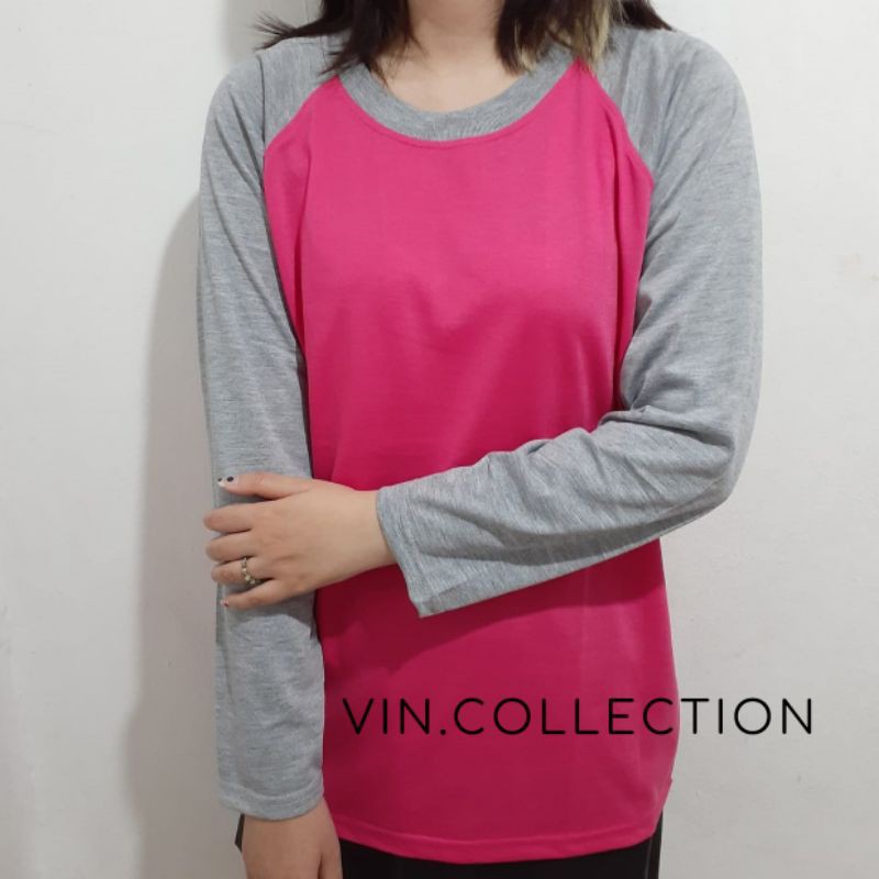 Kaos polos raglan  pria wanita - pink fanta kombinasi misty