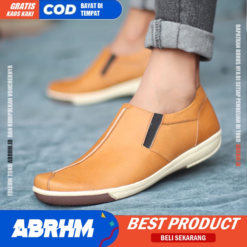 ABRHM x SANVER Sepatu Slip On Casual Kulit Asli Original Slop Anti Slip Kasual Formal Pantofel Kerja Kantor Kuliah Keren Kekinian Gaya Pria Cowok / Cowo