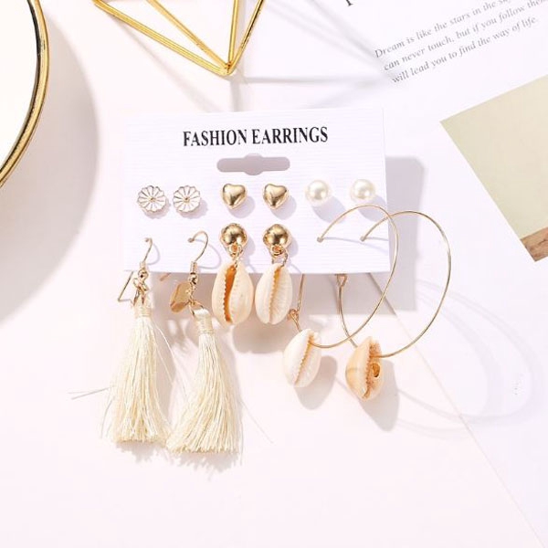 OILA anting set 6 pasang natural shell tassel daisy love earrings (3E3) jan197