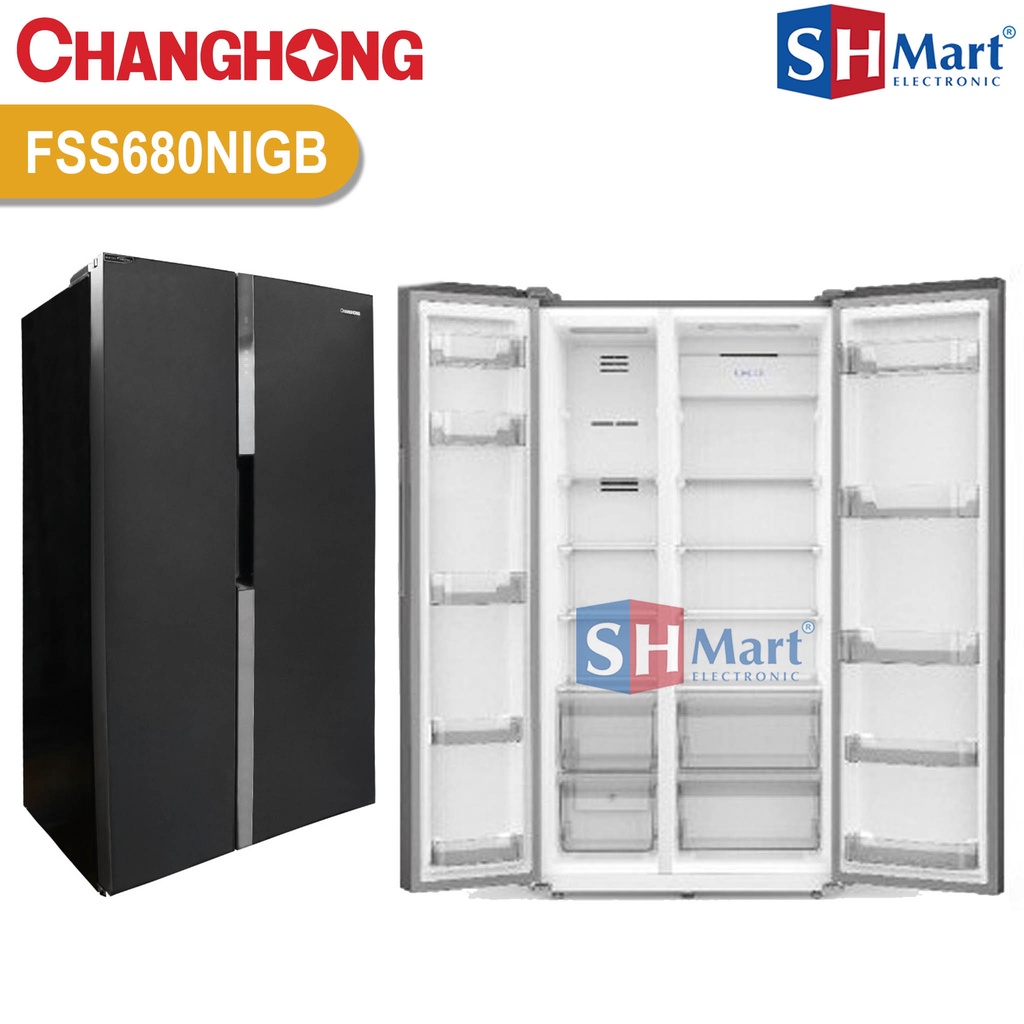 KULKAS SIDE BY SIDE CHANGHONG FSS680NIGB KAPASITAS 590 LITER LEMARI ES INVERTER BLACK GLASS GARANSI RESMI