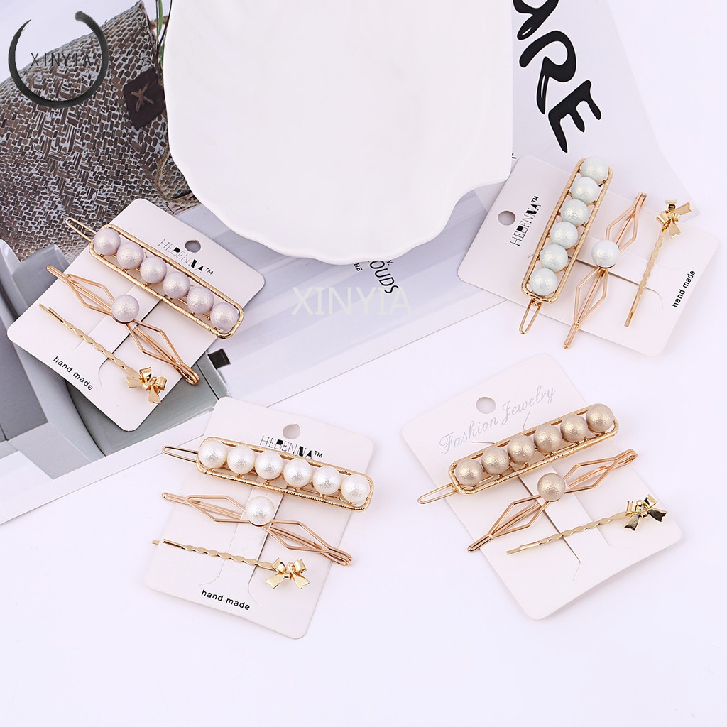 4Pcs / Set Klip Penjepit Rambut dengan Bahan Logam dan Mutiara Bergaya Korea