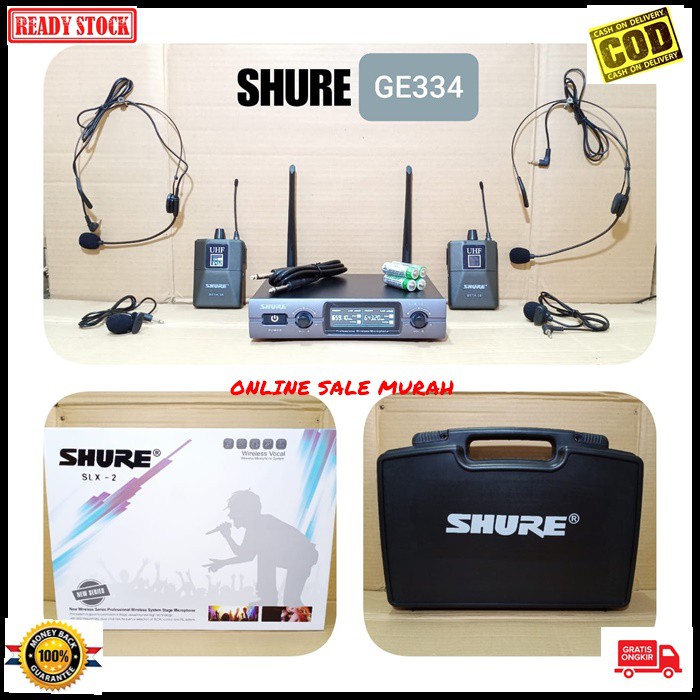 G334 Shure mic wireless sepasang headset bando kuping jepit dual uhf mik wireles klip clip dobel microphone kerah baju tie sepasang profesional pro kancing condesor system sistem vokal vocal panggung dj studio Kancing sensitif aux ceramah pidato acara mee