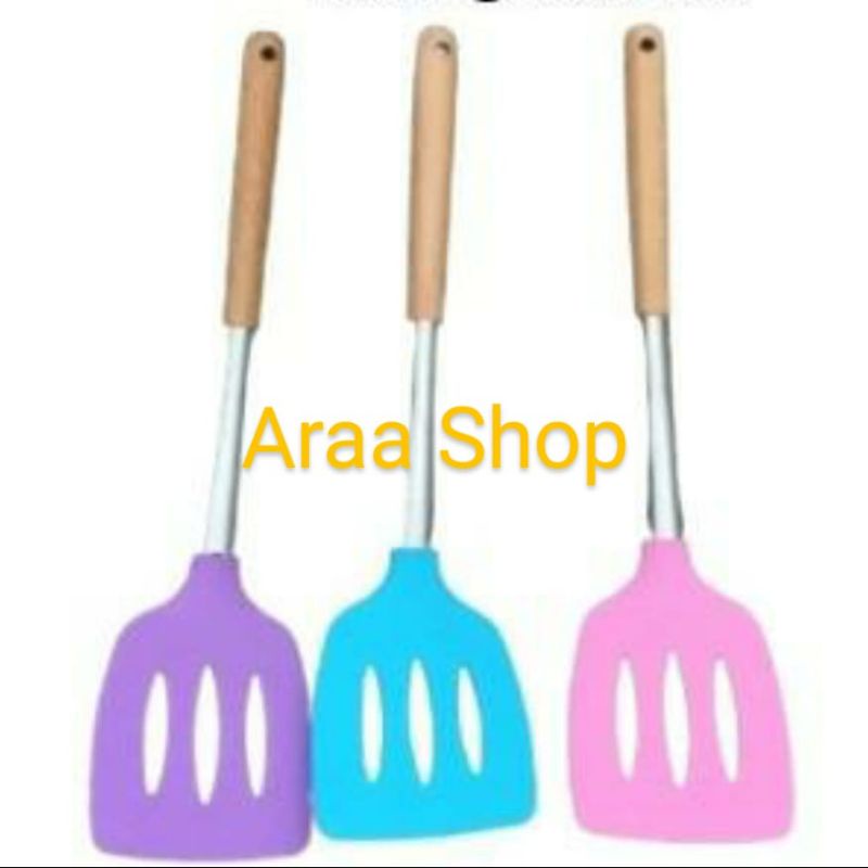 Sodet spatula kodek sutil kipas silicon teflon gagang kayu warna