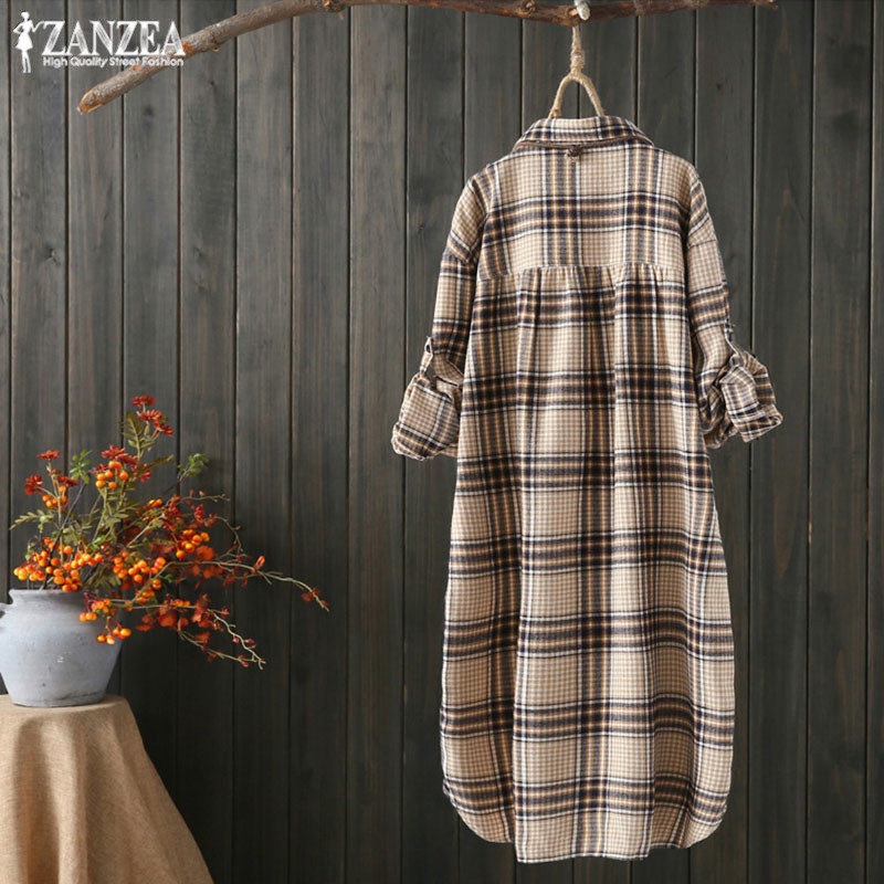 ZANZEA Women Plaid Casual Button Down Plus Size Loose Blouse