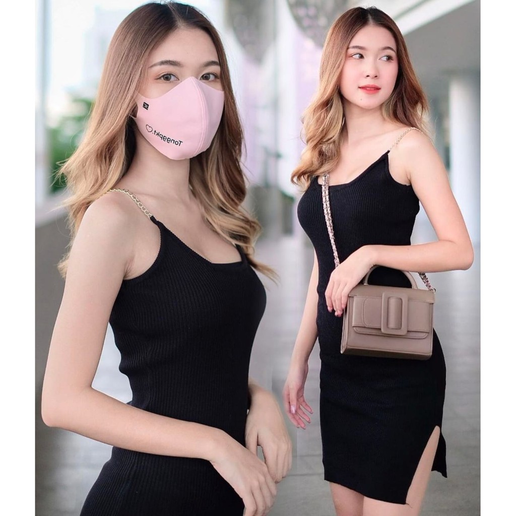 HOPYLOVY Mini Dress Wanita Bahan Rajut Bodycon Slit Rantai Rajut Tamira