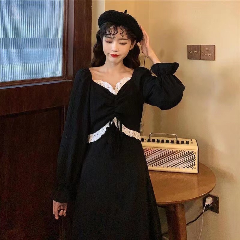 H7 Dress lengan panjang black / korean vintage dress