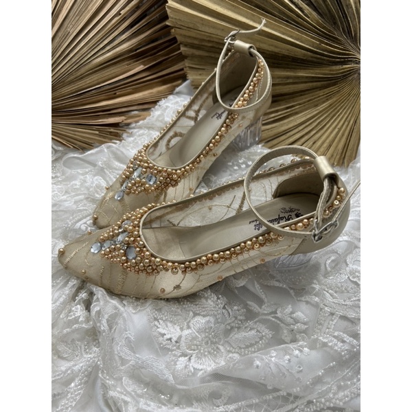 sepatu wedding wanita sayfira gold tali 5cm kaca