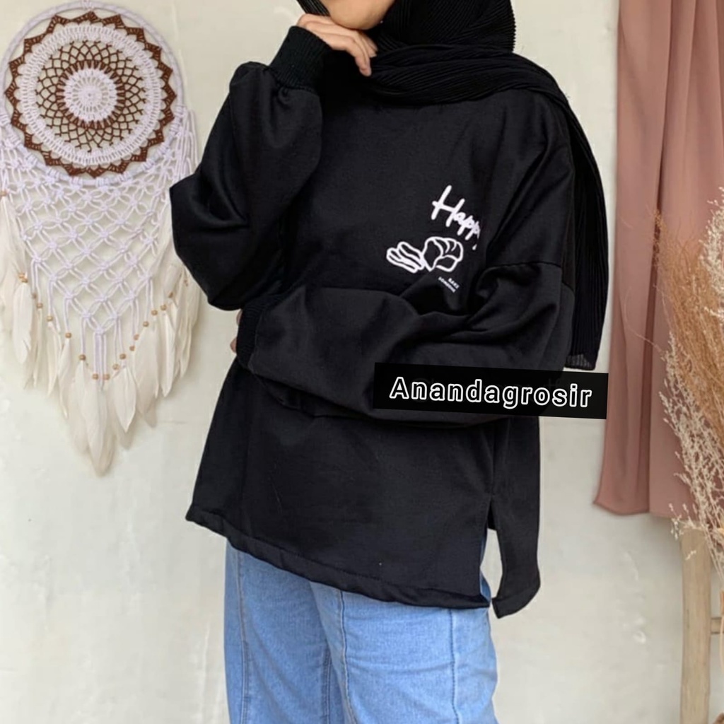 HAPPY SOMEONE  SWEATER OVERSIZE BORDIR - SWEATER WANITA OBLONG CREWNECK