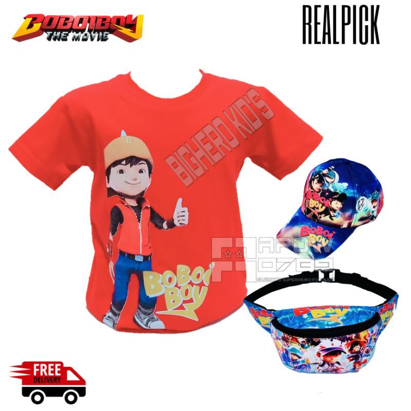 Paket murah 3in1 kaos anak laki-laki Boboiboy | free tas waistbag anak dan topi Boboiboy