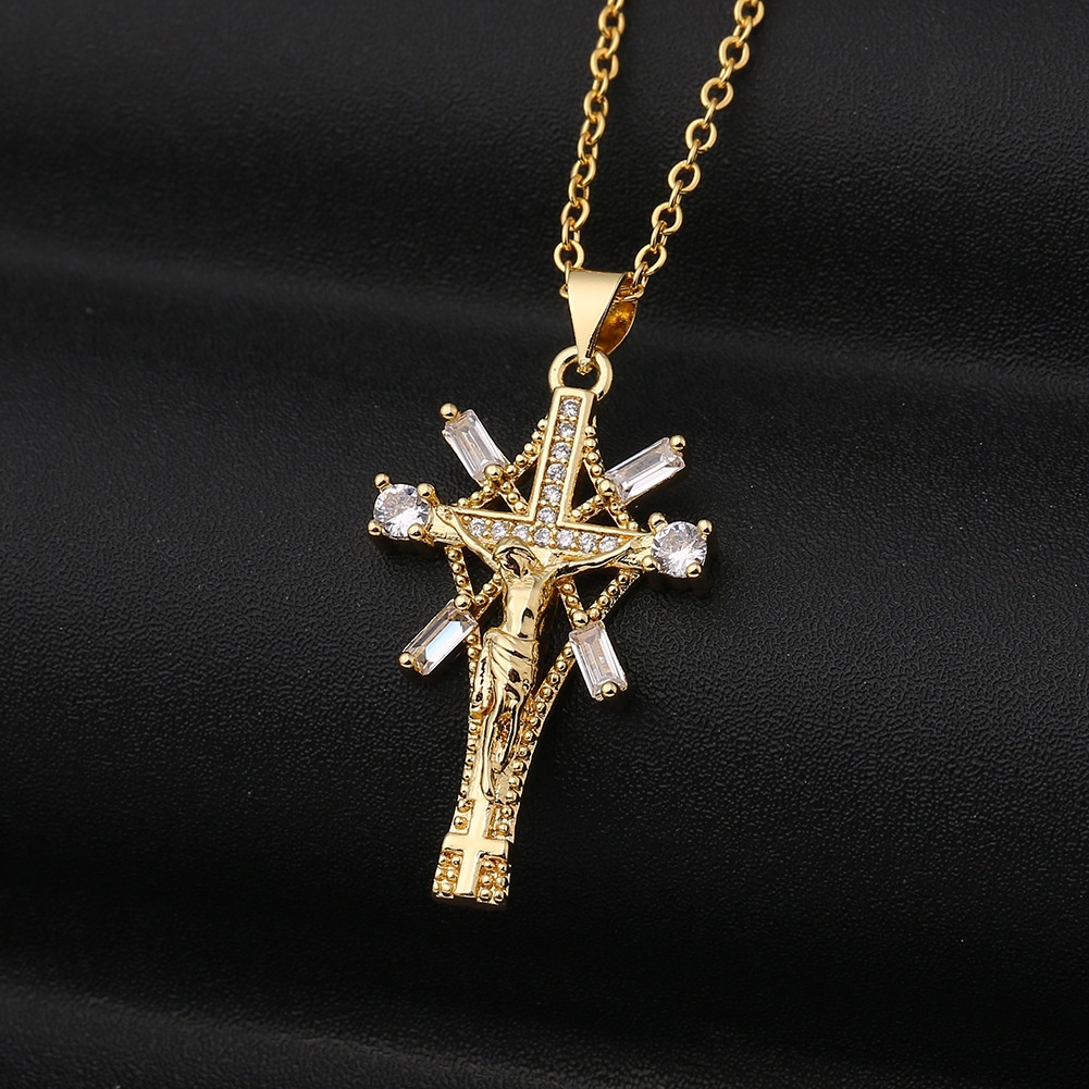 Ornamen tembaga mikro bertatahkan zircon kata Jesus bingkai liontin agama totem wanita kalung