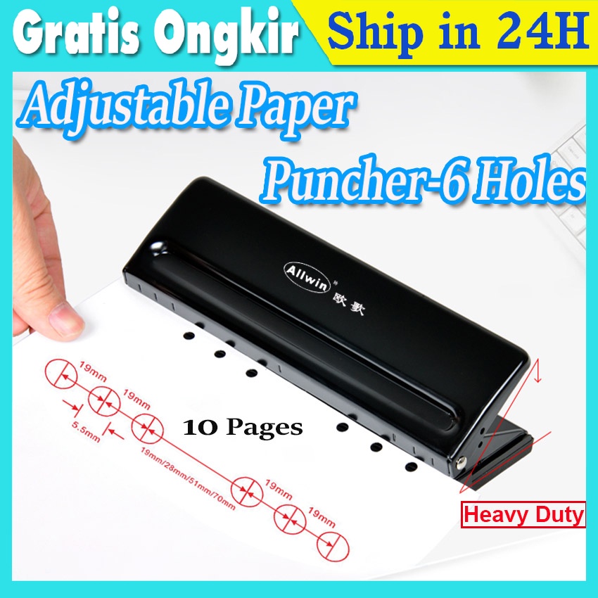 

Adjustable Pembolong Kertas 6 Hole Punch 5.5mm Perforator Alat Pelubang Utk A4 A5 B5 Notebook