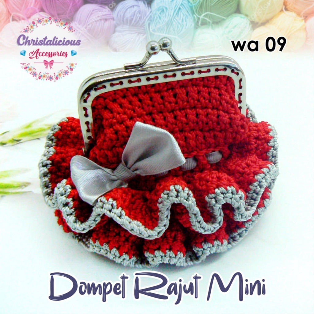 Dompet Rajut , Dompet koin, dompet behel dengan aksen renda yang cantik warna merah