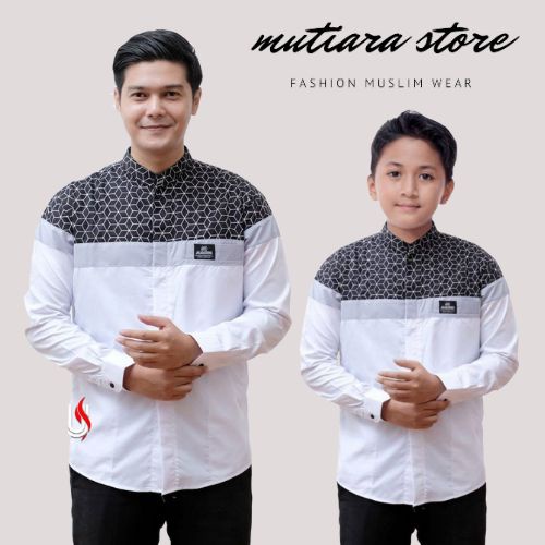 Baju Koko Couple Ayah Dan Anak Lengan Panjang Motif Senopati | Baju Koko Dewasa Lengan Panjang Kombinasi Batik |Baju Koko Anak Remaja Umur 5-14Tahun