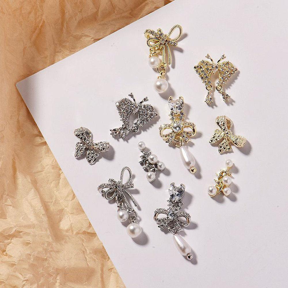 AUGUSTINA Agustina Kupu-Kupu Kuku Berlian Imitasi Mewah Manikur Aksesoris Alloy Rantai Mutiara Liontin 3D Hiasan Kuku