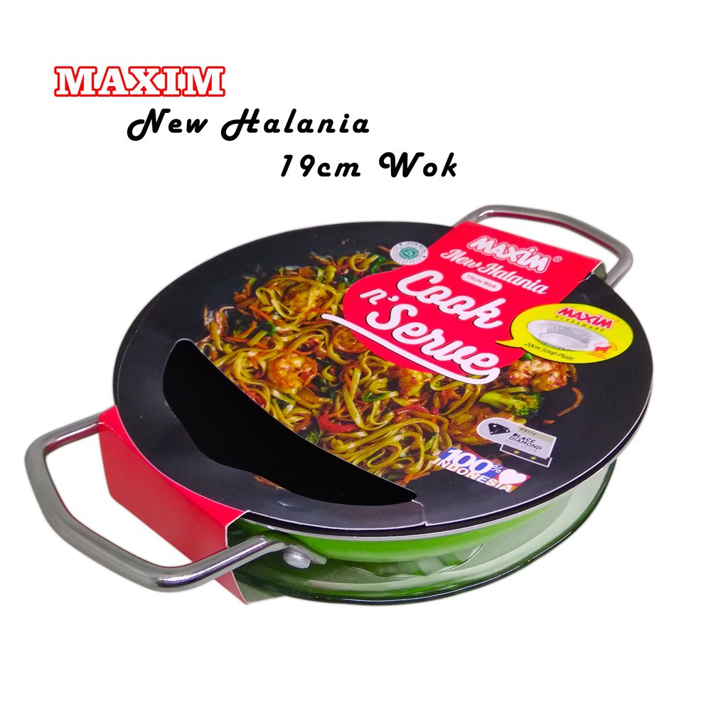 Maxim New Halania Mie Wok 19cm +Piring / Panci Mie + Piring / Wajan Mini