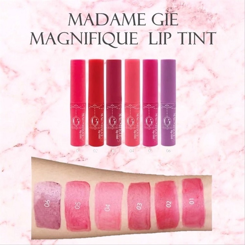 MADAME GIE Magnifique Lip Tint Indonesia / Lipstick Primer BB Foundation Loose Powder Lipstick Eyeshadow Blush On Eyeliner Eyebrow Mascara Matte Gloss Balm Kutek / Facial Wash Toner Essence Serum Sunscreen Moisturizer Cream Mask Masker Body / Lipill Paket