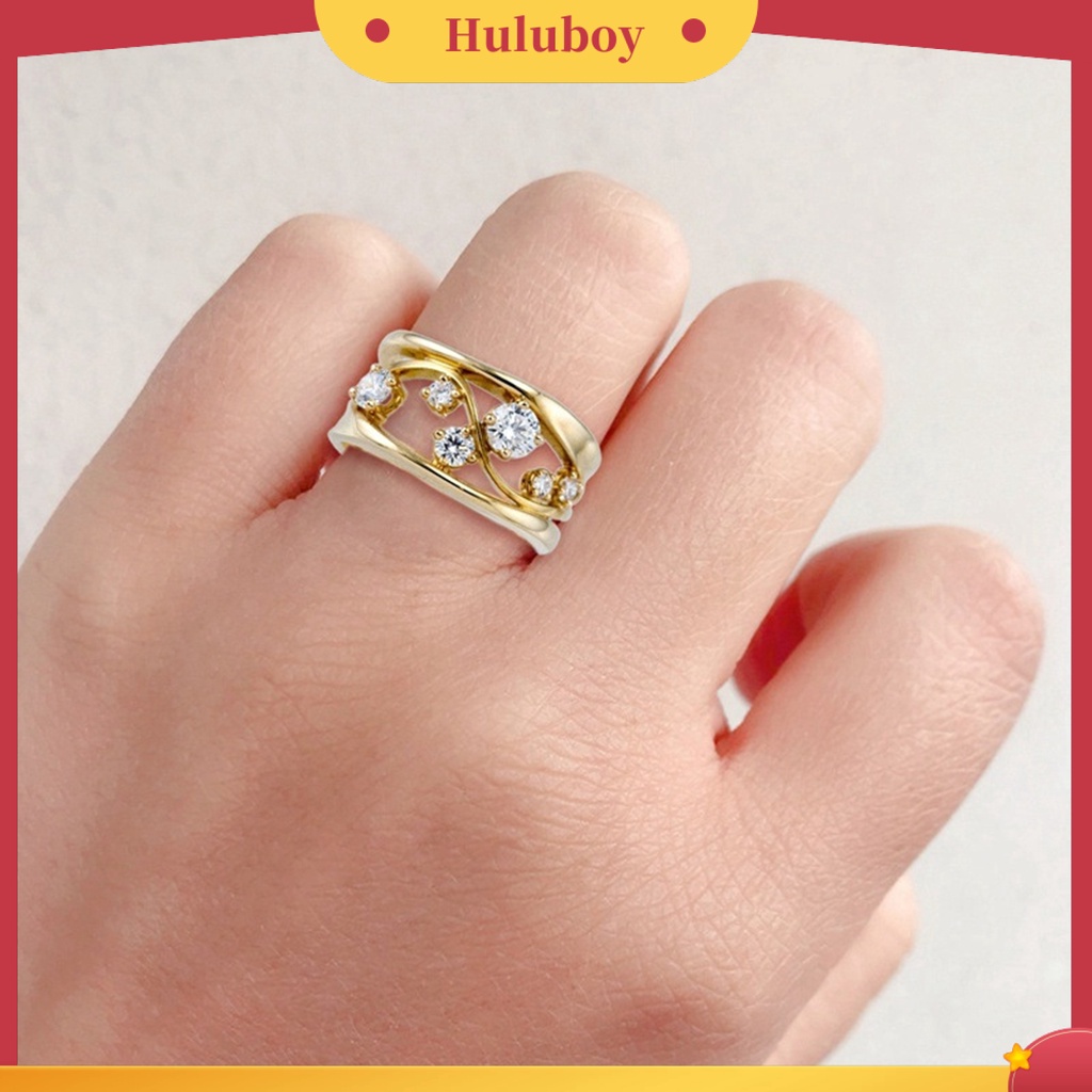 Hu Hu Hu Hu Hu Alat Bantu Pasang Kacamata♡ Cincin Bentuk Garis Gelombang Geometris Aksen Berlian Imitasi Warna Emas Untuk Wanita