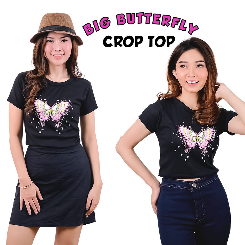 BEFAST - ZEC OOTD Wanita Kaos Crop NANIA / Big Butterfly Crop Top Knit Rib / Tshirt Kaos Crop Kekinian Remaja Wanita / Kaos Santai Wanita / Tshirt lengan Pendek Motif / Kaos Rumahan / Terabru / Termurah