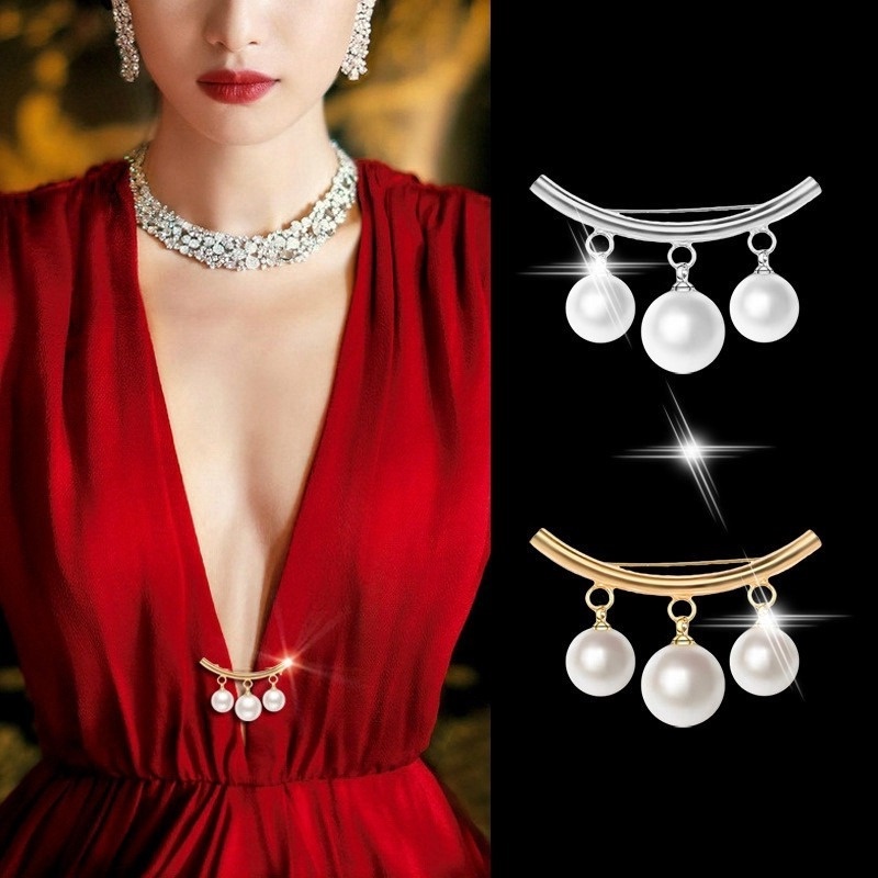 Fashion White Pearl Dangle Beads Brooch Collar Clips Lapel Brooch Pin Alloy Simple Brooches For Women Accessories