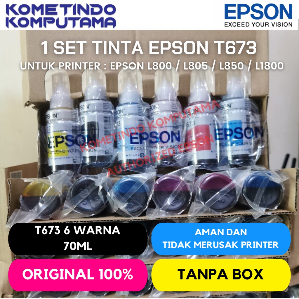 100% JAMIN ORIGINAL T 673 1 SET 6 WARNA LOOSE PACK TINTA BOTOL EPSON 673 UNTUK PRINTER EPSON L800 L805 L850 L1800