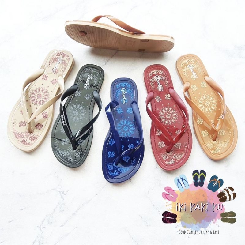 SANDAL JEPIT WANITA DEWASA MOTIF BATIK BUNGA KEMBANG API SANDAL TREPES TIPIS GLANSTON 1819-P