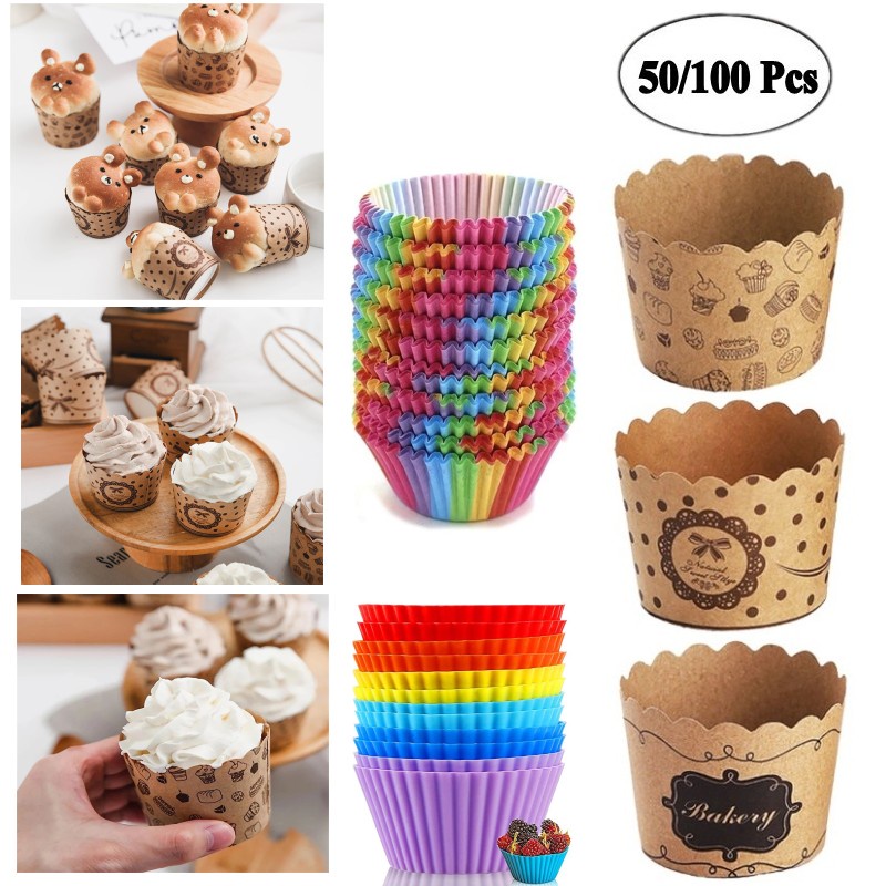 50 / 100Pcs Kertas Pembungkus Kue Muffin Tahan Minyak Anti Lengket Untuk Pesta Ulang Tahun Pernikahan