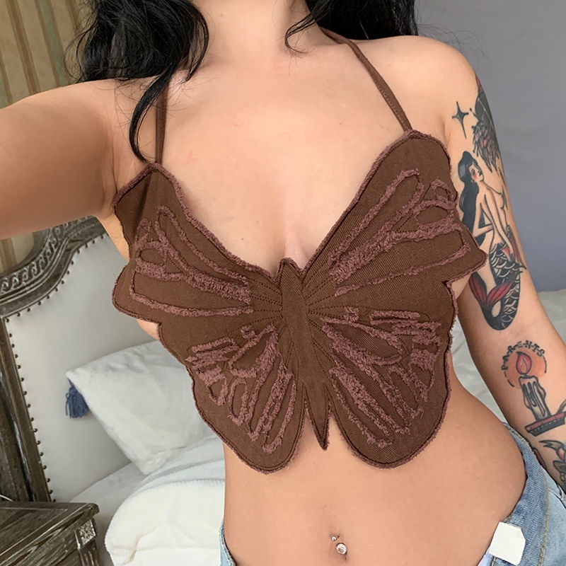 Suhao Kepribadian Mengaitkan Sexy Butterfly Strap Tanpa Lengan Manis Hot Street Trend Cowboy Top Girl