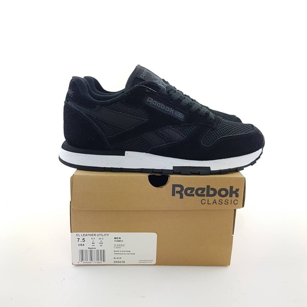 SEPATU REEBOK CL LEATHER UTILITY BLACK WHITE PREMIUM MIRROR BNIB VIETNAM IMPORT SNEAKERS PRIA OLAHRA