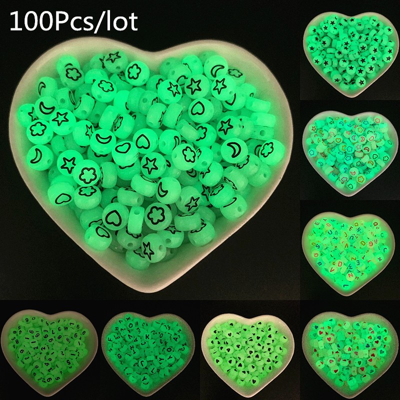 100pcs / Lot Manik-Manik Luminous Bentuk Hati Motif Tulisan Ukuran 4x7mm Untuk Perhiasan Gelang