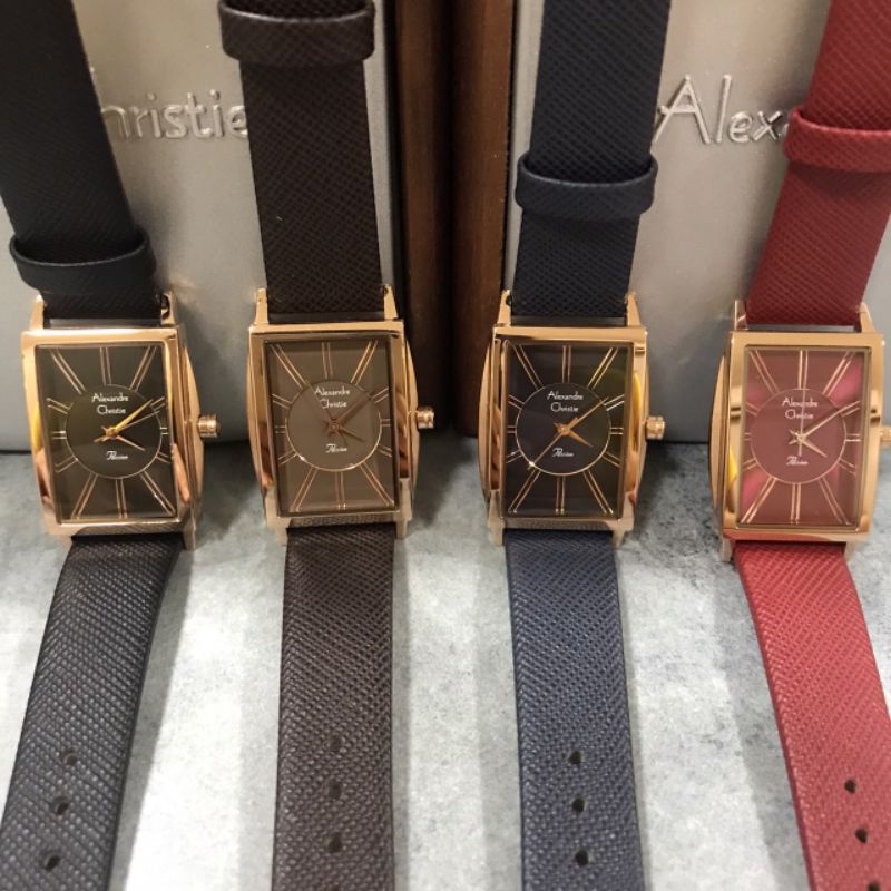 Jam Alexandre Christie AC 2986 LH LRG Rosegold Wanita Kulit Biru Hitam Merah Segi