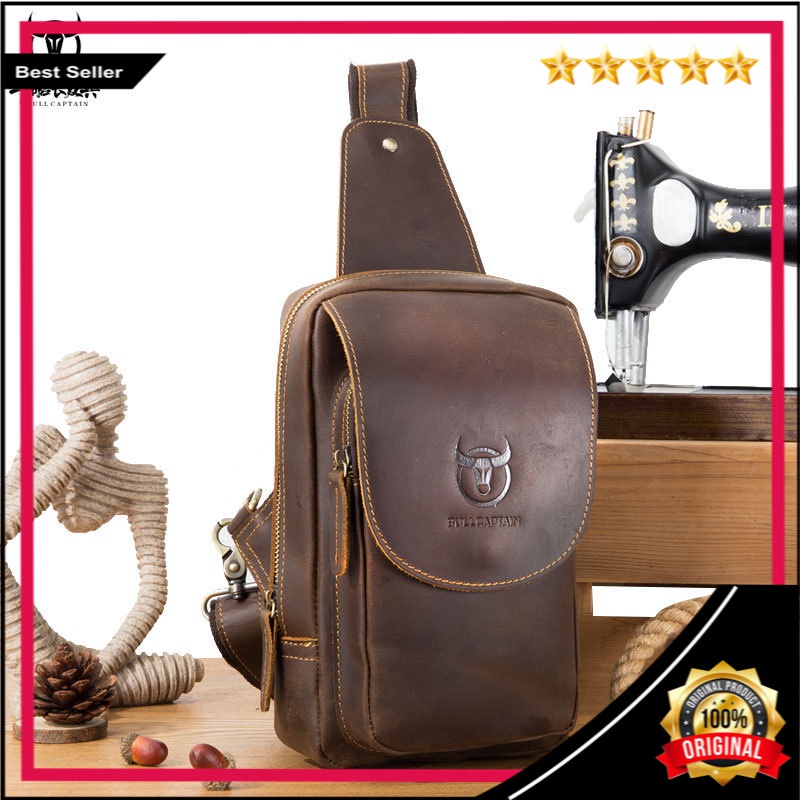 Bullcaptain Kulit Dada Tas Pria Kulit Asli Retro Crazy Horse Kulit Kasual Bahu Tas Selempang Dada Po