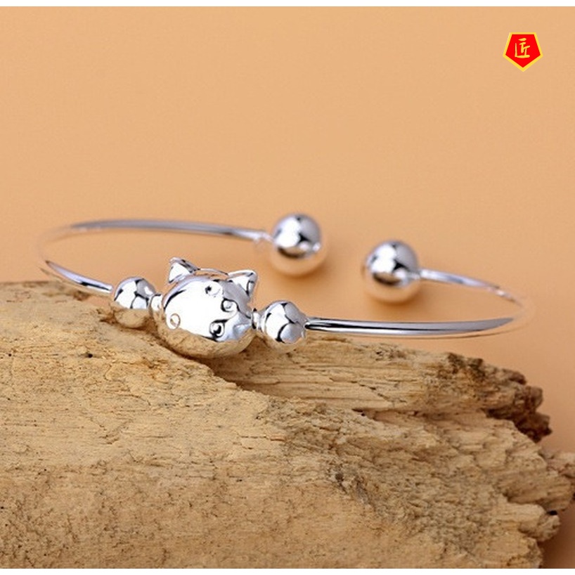 [Ready Stock]Korean Style Cartoon Cat Silver Bracelet Simple Fashion